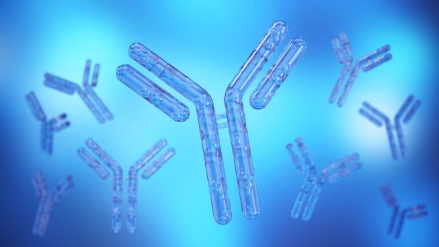 3D illustration of antibodies on a blue background, representing innovation and efficiency in continuous antibody manufacturing. 