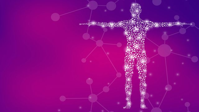 Outline of human made from white molecules on pink/purple gradient background. 