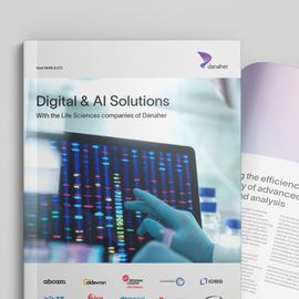 Life science eBook cover on digital and AI solutions for data analysis from Danaher companies. 