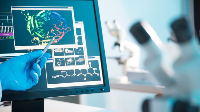Gloved hand pointing to lipid structure on computer screen in a lab setting focused on lipidomics. 