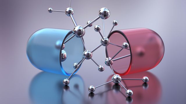 Molecular structure emerging from capsules, symbolizing drug discovery in functional proteomics. 