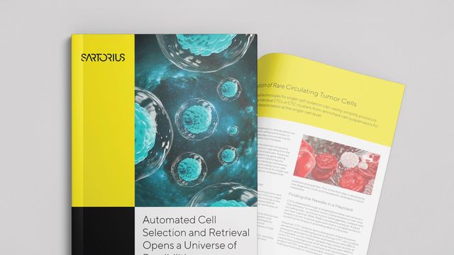 Cover page of a Sartorius publication featuring a vibrant illustration of cells encapsulated in spheres against a dark background. 