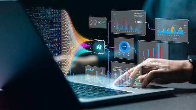 Person interacting with AI-powered data analytics dashboard on a laptop displaying charts and graphs 