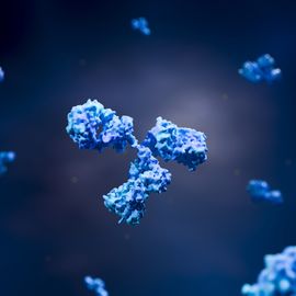 Blue antibodies floating on a dark background, illustrating antibody screening. 