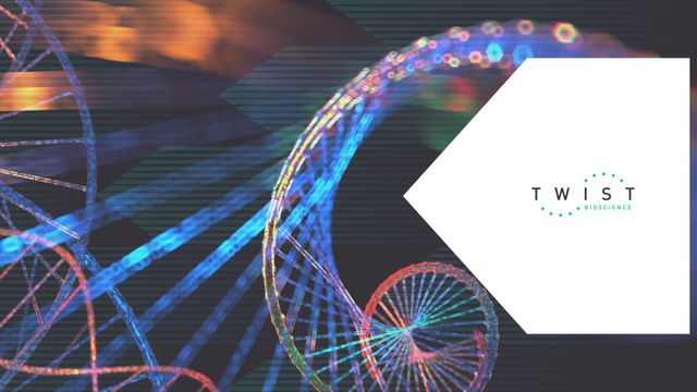 Colorful DNA helix illustration with Twist Bioscience logo, symbolizing machine learning in genomics. 