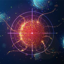 Illustration of a targeted cancer cell surrounded by immune cells, symbolizing cancer drug discovery. 