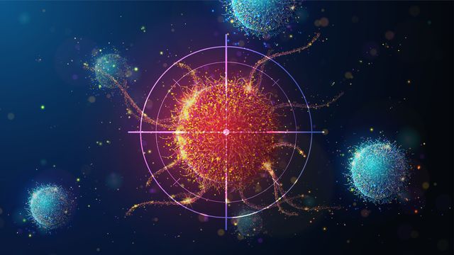 Illustration of a targeted cancer cell surrounded by immune cells, symbolizing cancer drug discovery. 