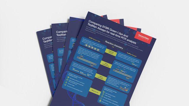 Thermo Fisher Scientific infographic comparing SYBR Green I dye and TaqMan Assays for real-time PCR analysis. 