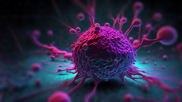 Artistic rendering of a circulating tumor cell with "arms" stretching out into the surrounding space. 