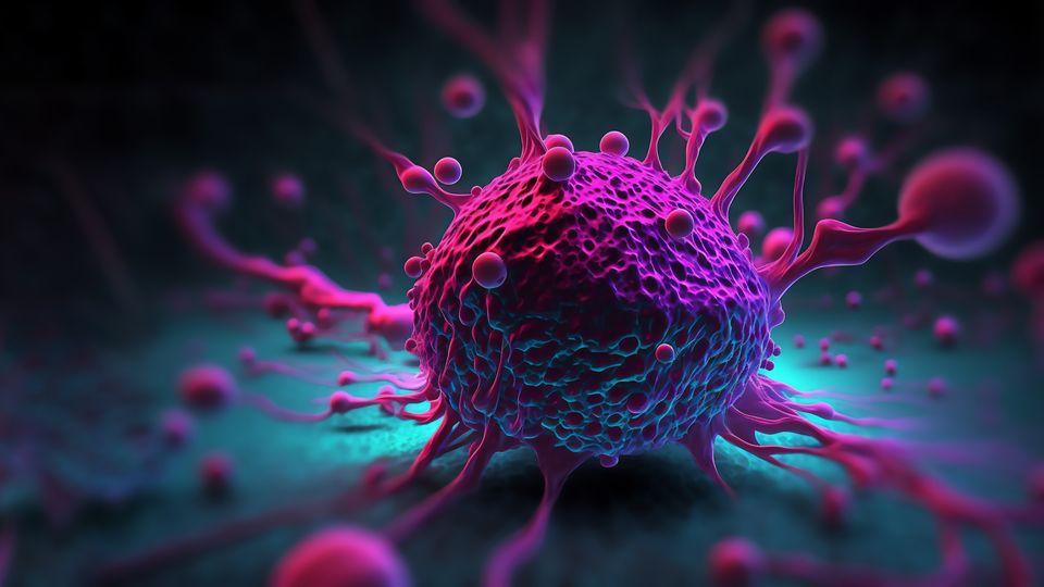 Artistic rendering of a circulating tumor cell with "arms" stretching out into the surrounding space.