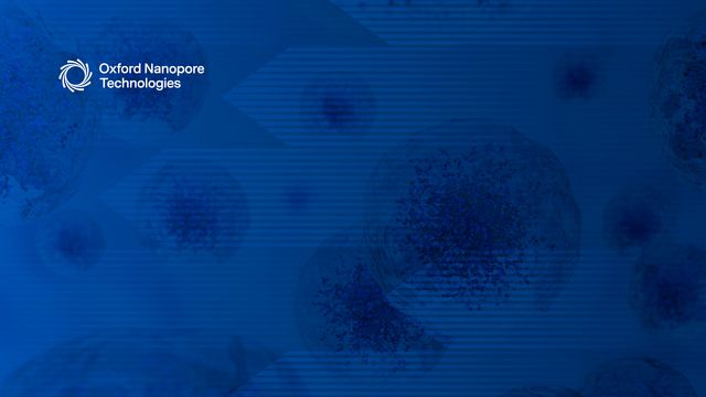 Oxford Nanopore Technologies logo over a blue abstract background with cell imagery related to cancer genetics. 