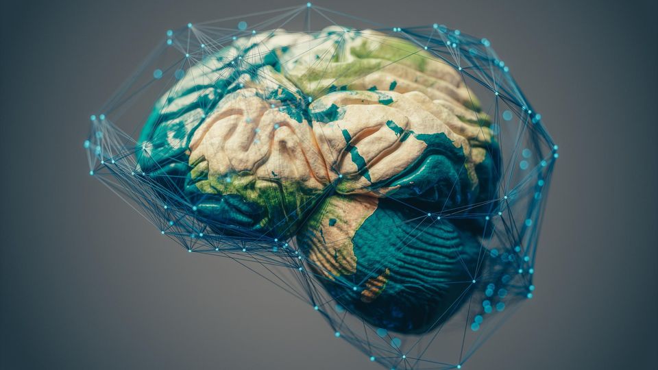 3D-rendered brain shaped like Earth with neural network overlay, symbolizing global Alzheimer’s research.