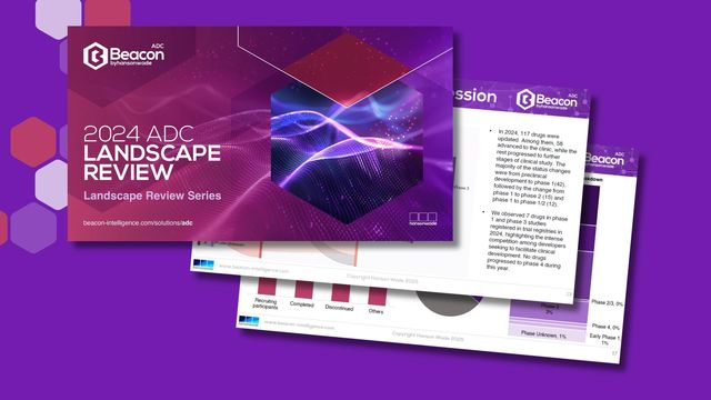 Cover of the 2024 ADC Landscape Review by Beacon by Hanson Wade, featuring a purple abstract design and preview pages with clinical trial data and analysis 