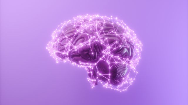 Digital illustration of a human brain with glowing neural network connections on a purple background. 