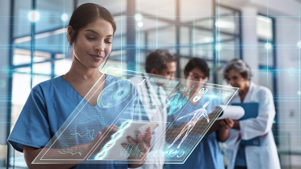 Healthcare professional using AI-powered holographic interface for precision medicine data analysis.