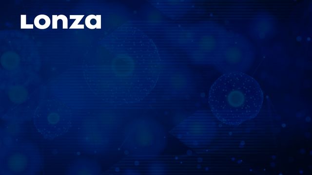 Lonza logo on a blue abstract background with digital cell imagery, representing cell-based screening 