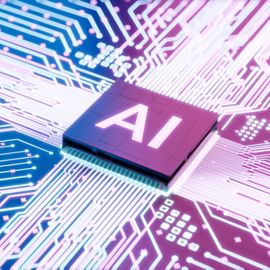 A computer chip with the letters "AI" emblazoned on it, on a blue and pink motherboard. 