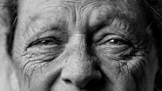 An old woman smiles slightly, accentuating the wrinkles and aging lines in her skin. 