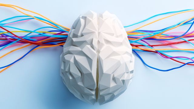 Abstract geometric brain model with colorful cables extending from it, symbolizing neural connections and data flow 