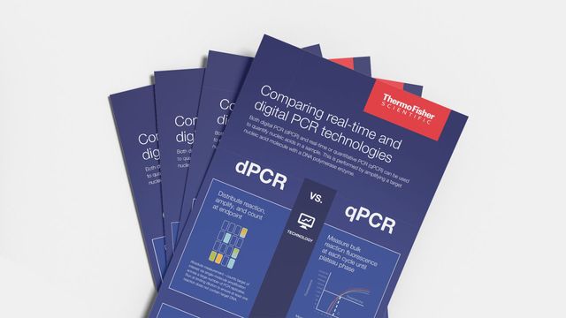 Thermo Fisher Scientific brochures comparing dPCR and qPCR technologies for nucleic acid quantification. 