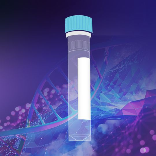 Sample collection tube with blue cap over a stylized DNA helix and futuristic purple-blue biotech background 