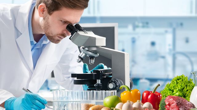 Male scientist looking into a microscope situated next to an assortment of fruit, vegetables, eggs and meat. 