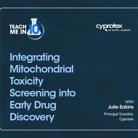Headshot of Julie Eakins next to the title of her presentation “Integrating Mitochondrial Toxicity Screening Into Early Drug Discovery” 