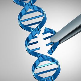 Illustration of gene editing with tweezers modifying a DNA strand, representing life science innovation. 