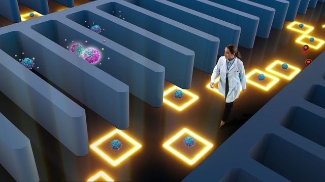 A person walking past a comb-shaped structure with glowing cells and particles in the bays and bright squares on the floor. 