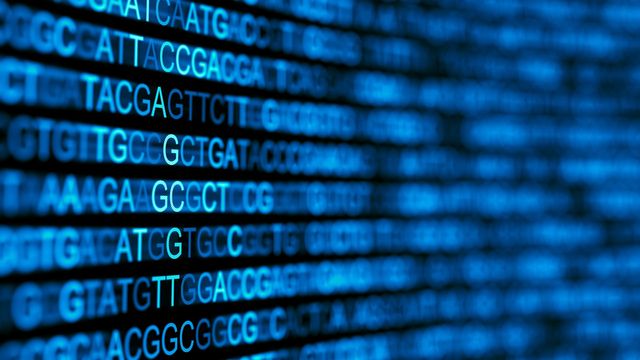 Digital display of blue DNA sequencing data with rows of nucleotide bases on a dark background. 