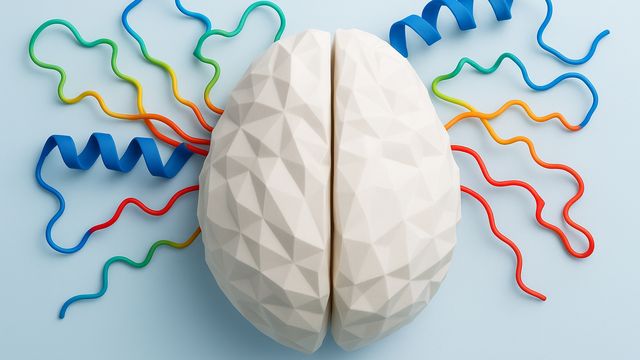 A white model of a human brain on top of a protein molecule in various colors, representing Parkinson's proteins. 