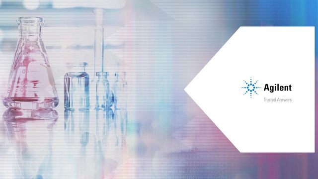 Laboratory glassware with colorful liquids beside Agilent logo, related to chromatography. 