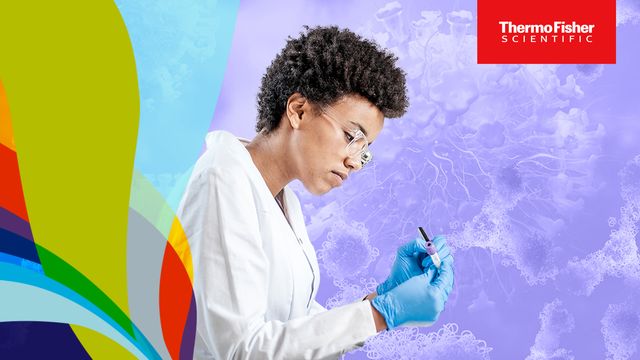 Scientist in lab coat examining PCR test sample against a molecular biology background. 