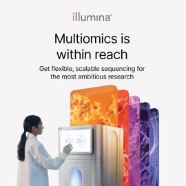 Scientist using an Illumina sequencing machine with colorful omics data visualizations emerging from it 