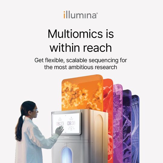 Scientist using an Illumina sequencing machine with colorful omics data visualizations emerging from it 
