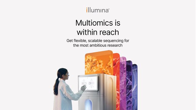 Scientist using an Illumina sequencing machine with colorful omics data visualizations emerging from it 