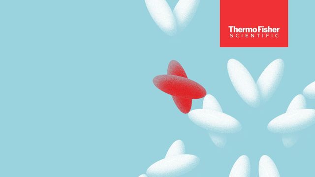 Illustration of red and white molecules symbolizing separation in chromatography, with Thermo Fisher Scientific logo. 