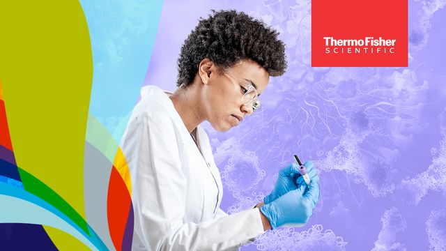 Scientist examining a sample tube in a lab setting, representing expression profiling research. 