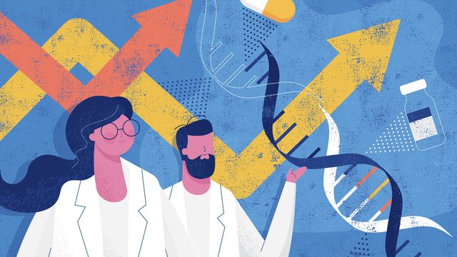 Illustration of scientists with DNA helix, pill, and arrows symbolizing progress in gene therapy. 