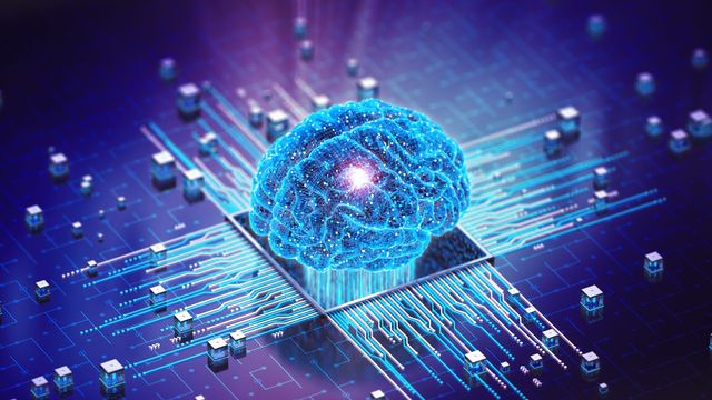 Digital brain illustration integrated into a microchip, symbolizing artificial intelligence technology. 