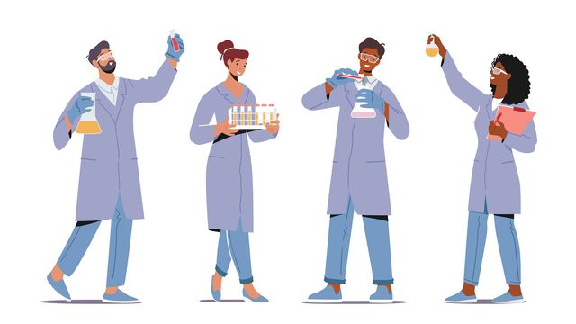Illustration of four diverse scientists in lab coats conducting experiments with test tubes and flasks 