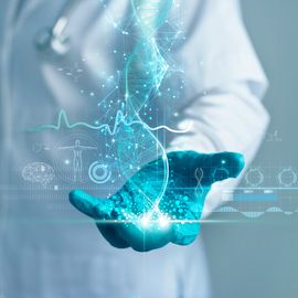 Doctor holding digital DNA strand hologram, representing direct-to-consumer genetic testing. 