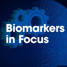 The outline of person's head, with cogs to illustrate neurological differences in ADHD and the wording "Biomarkers in Focus" 