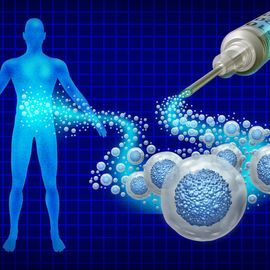 Outline of a person with a stream of cells going from a hypodermic needle to the person on a checkered background. 