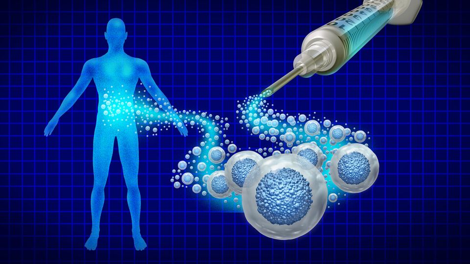 Outline of a person with a stream of cells going from a hypodermic needle to the person on a checkered background.