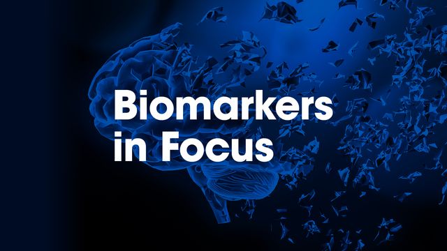 Digital illustration of a brain with fragments symbolizing the focus on Alzheimer's biomarkers, with white text reading "Biomarkers in Focus" overlayed. 