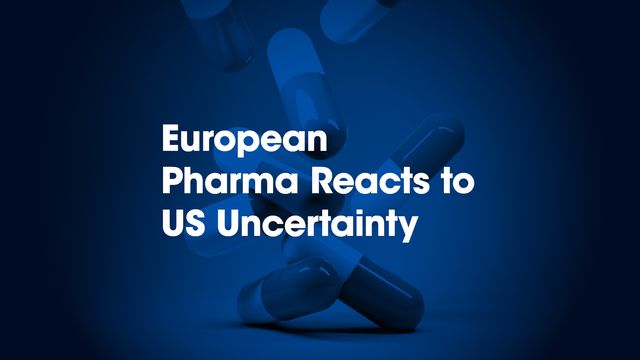 Drug capsules floating on a dark background with text about European pharma and US uncertainty overlaid. 